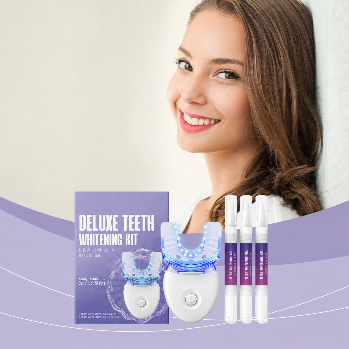 sorqeth.com LED teeth whitening kit with mouthpiece and three gel pens