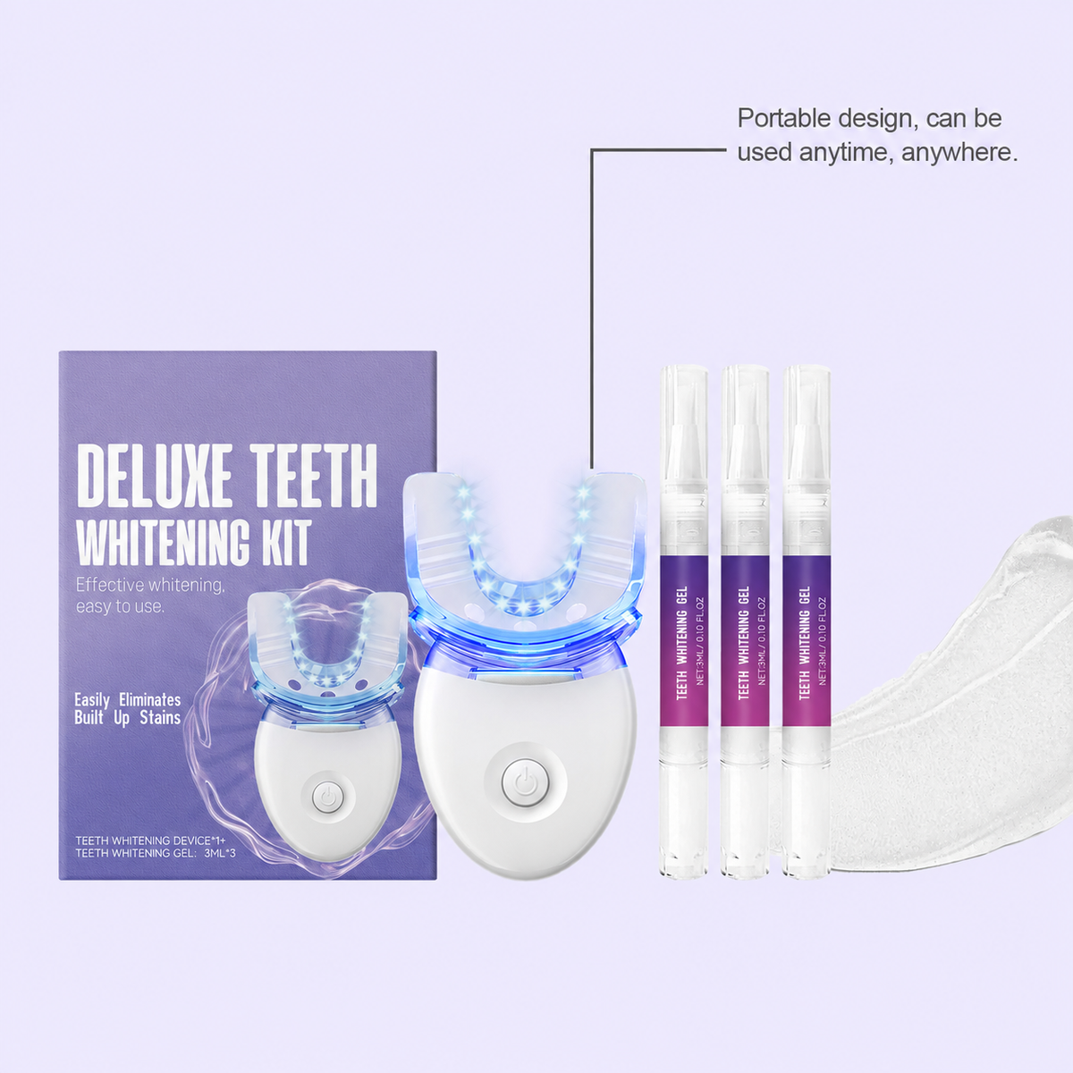 Portable sorqeth.com LED teeth whitening kit with three gel pens