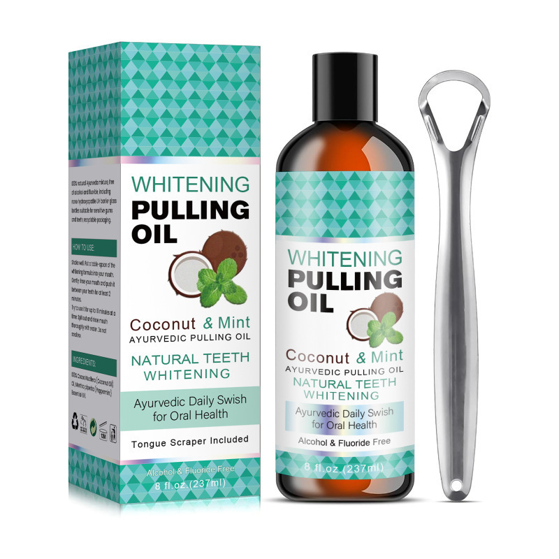 Whitening Pulling Oil Coconut & Mint, 8 fl oz bottle, box, and tongue scraper