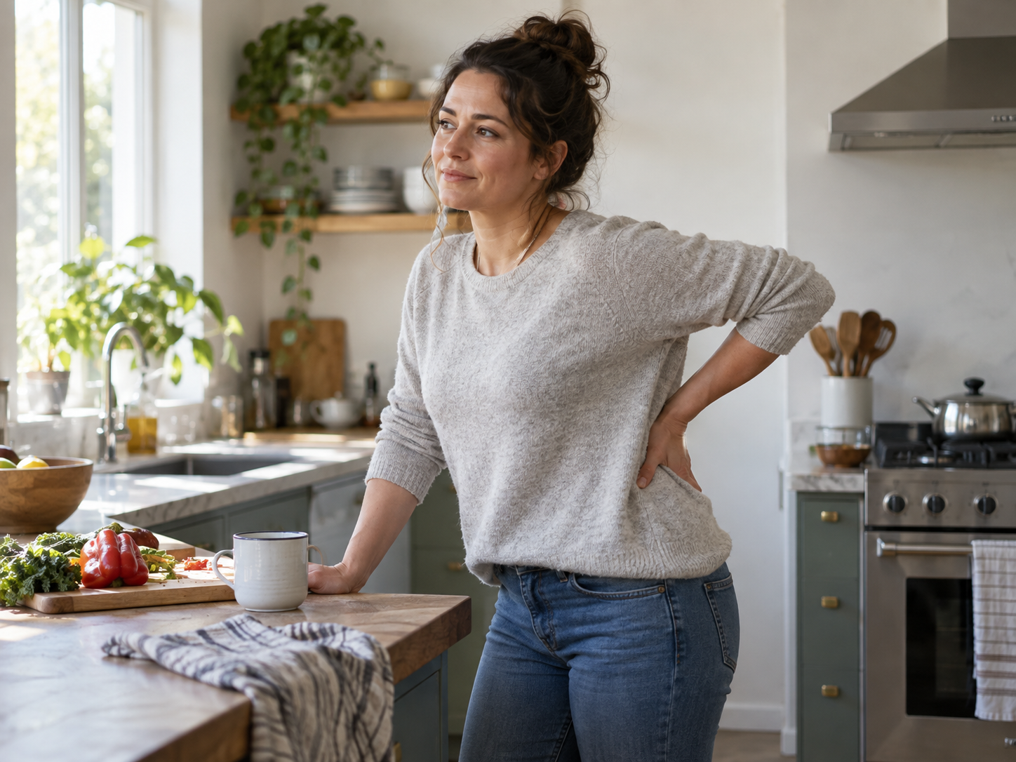 A person pausing in a softly lit home kitchen