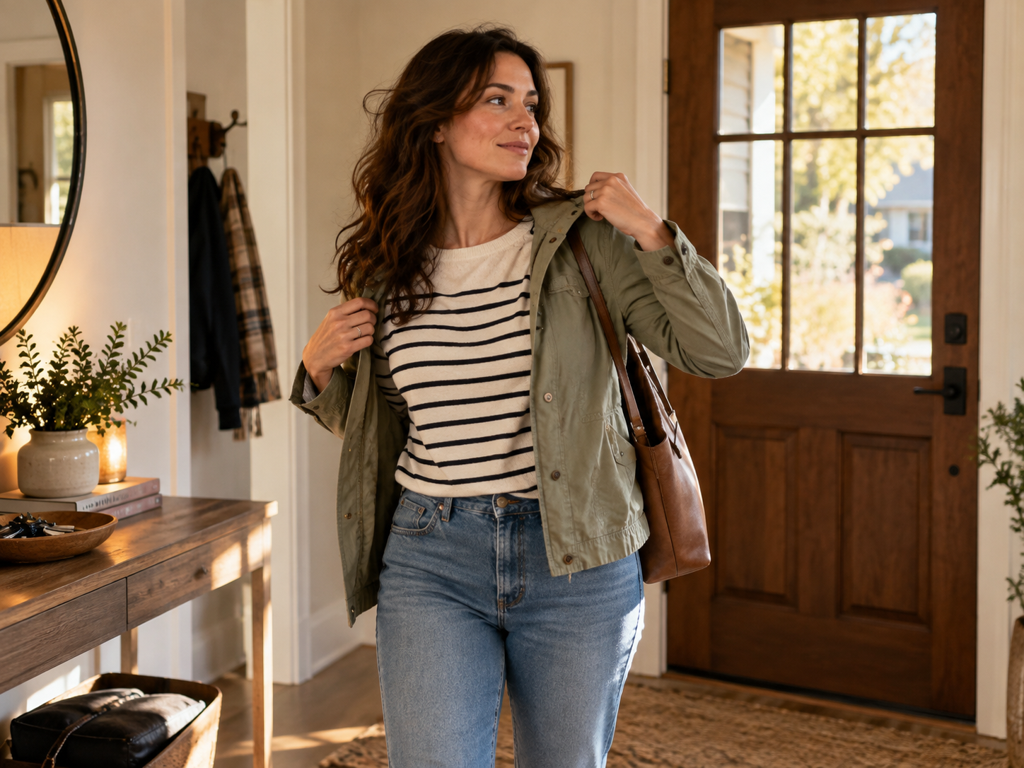 A person getting ready to leave home in natural light