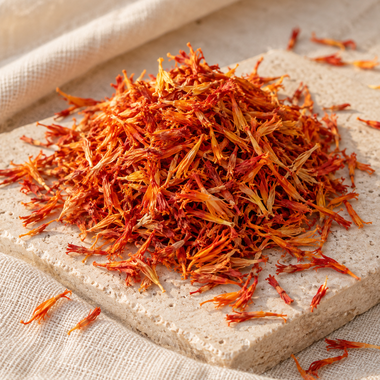 Dried orange-red safflower petals